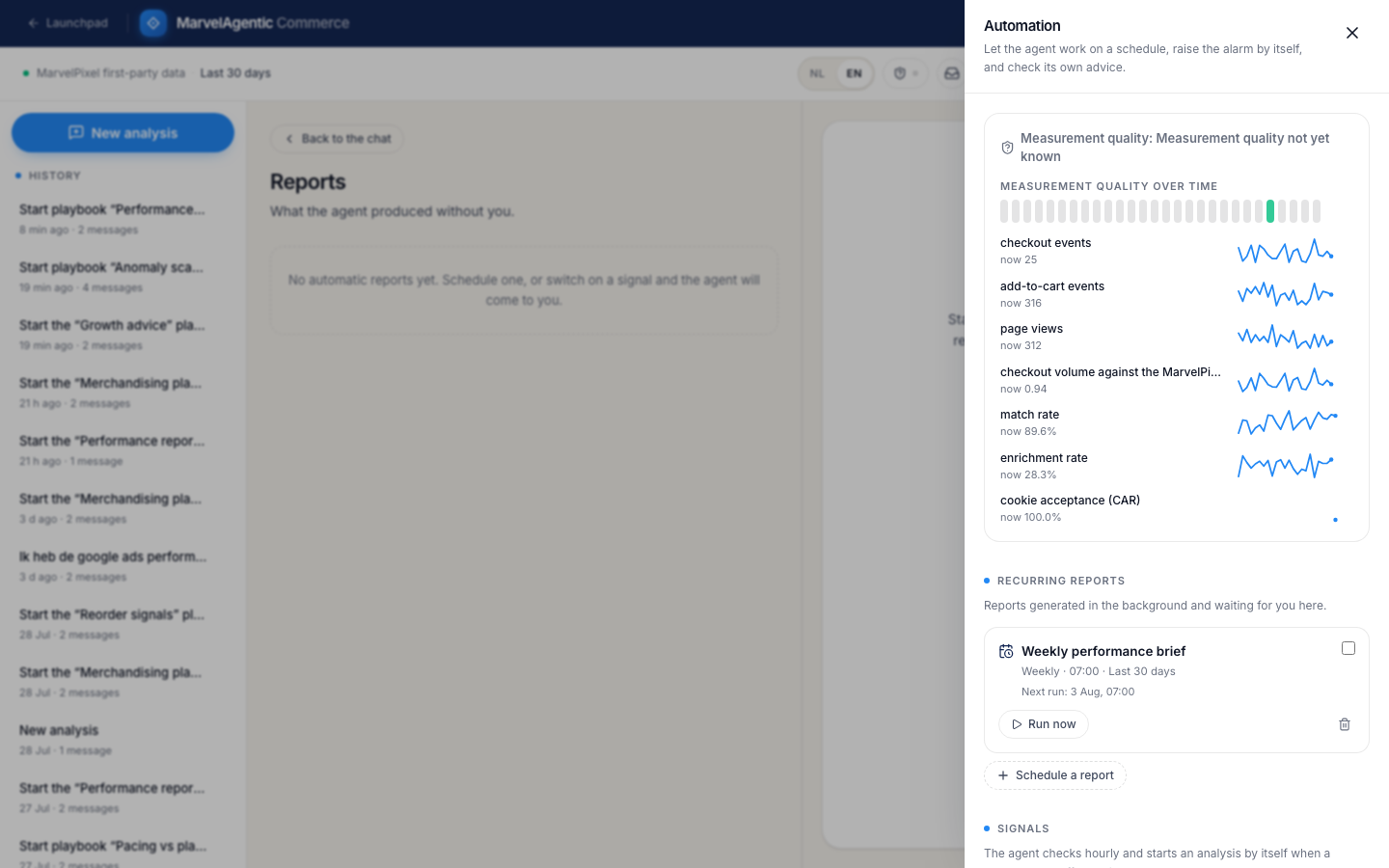 Automation paneel met measurement quality, recurring reports en signals